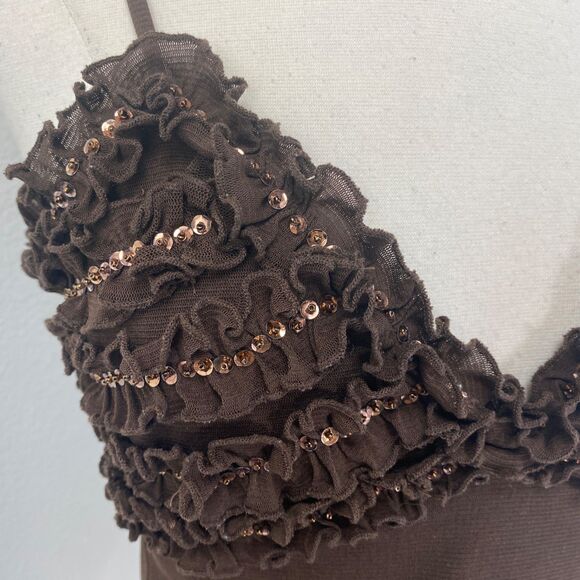 Y2K Wet Seal Brown Knit Baby Doll Tank Top Large Ruffles Sequins Boho Festival - Picture 3 of 10